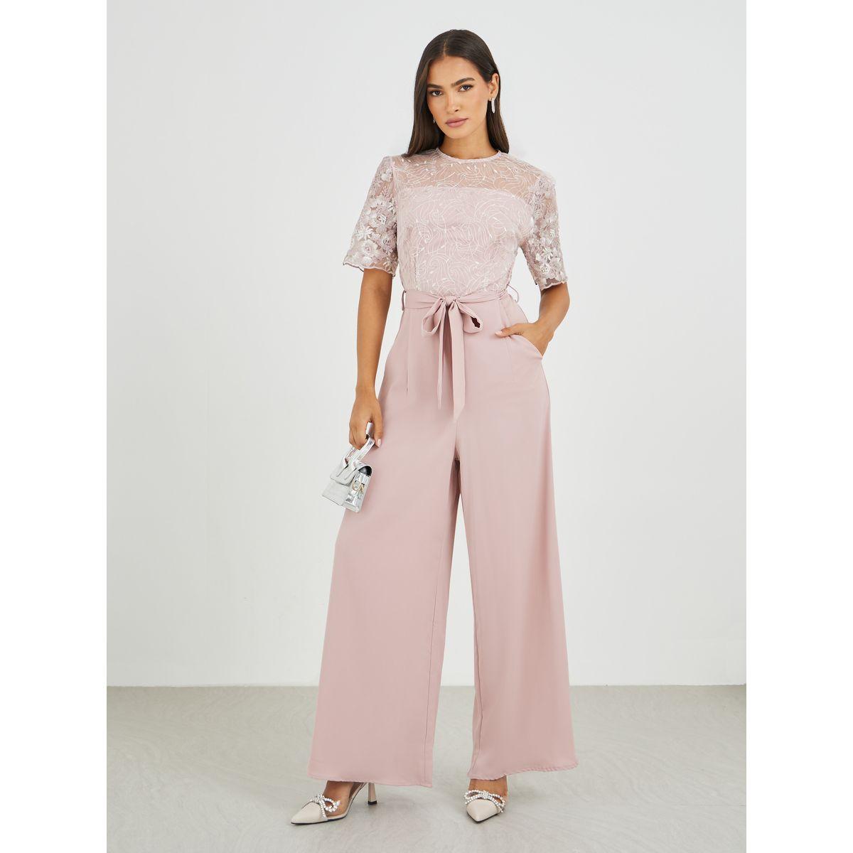 Styli Lace Insert Waist Tie-Up Wide Leg Jumpsuit-women-clothing-jumpsuits-image-1