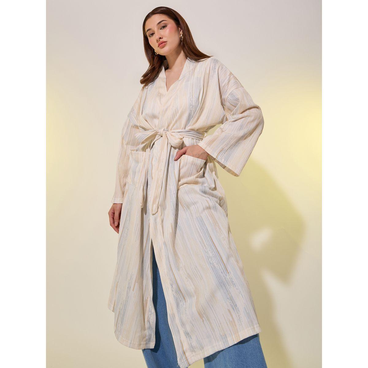 روب مخطط بأكمام طويلة وحزام-women-clothing-nightwear-robes-image-1