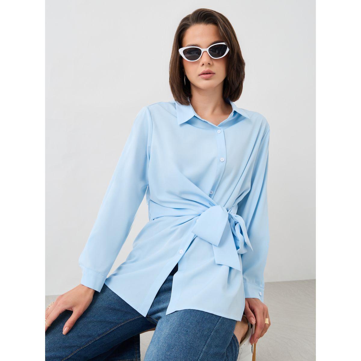 Styli Solid Long Sleeve Wrap Shirt with Tie-Up Detail-women-clothing-shirtsandblouses-shirts-image-1