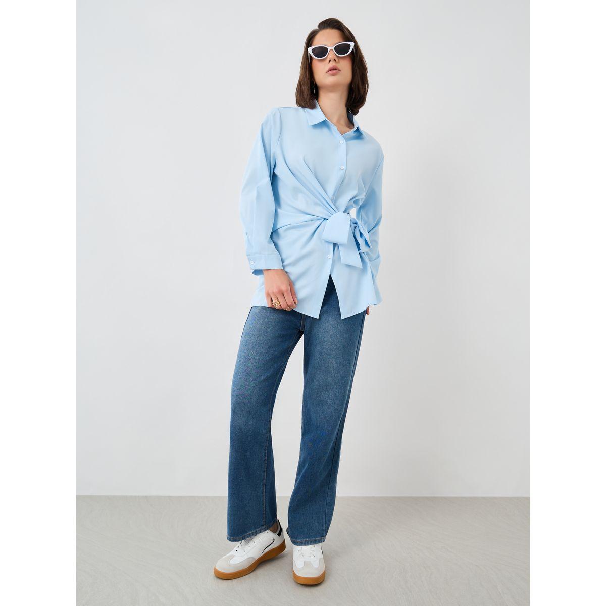 بلوزة سادة بنمط لف وأكمام طويلة مع اربطة-women-clothing-shirtsandblouses-shirts-image-2
