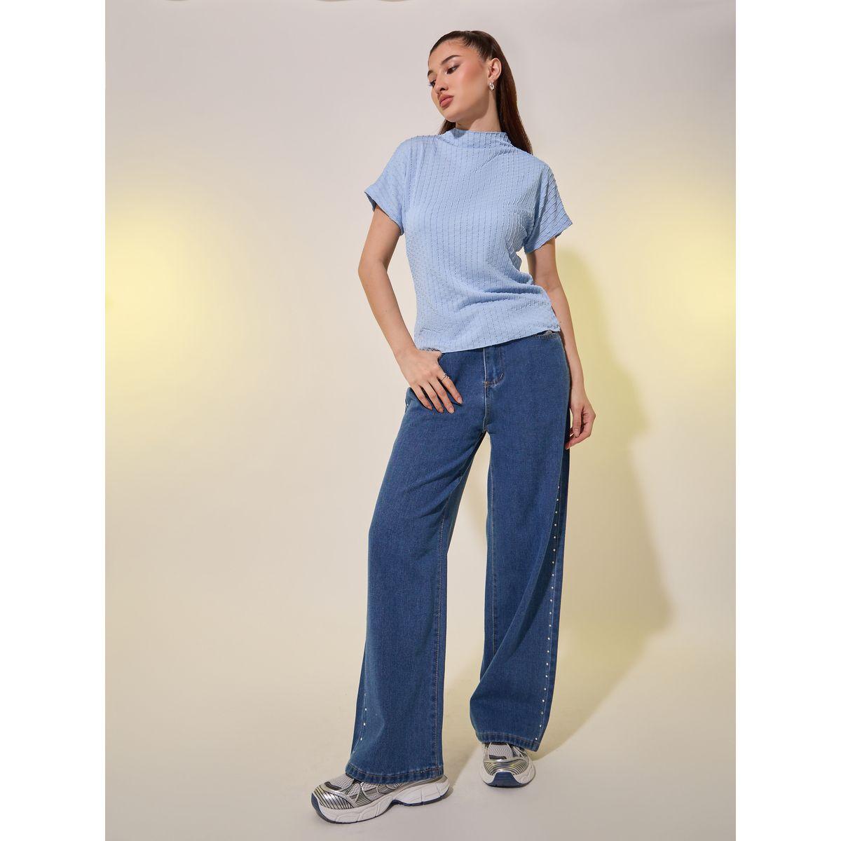 Styli Blue Textured High Neck T-Shirt-women-clothing-tshirts-image-2