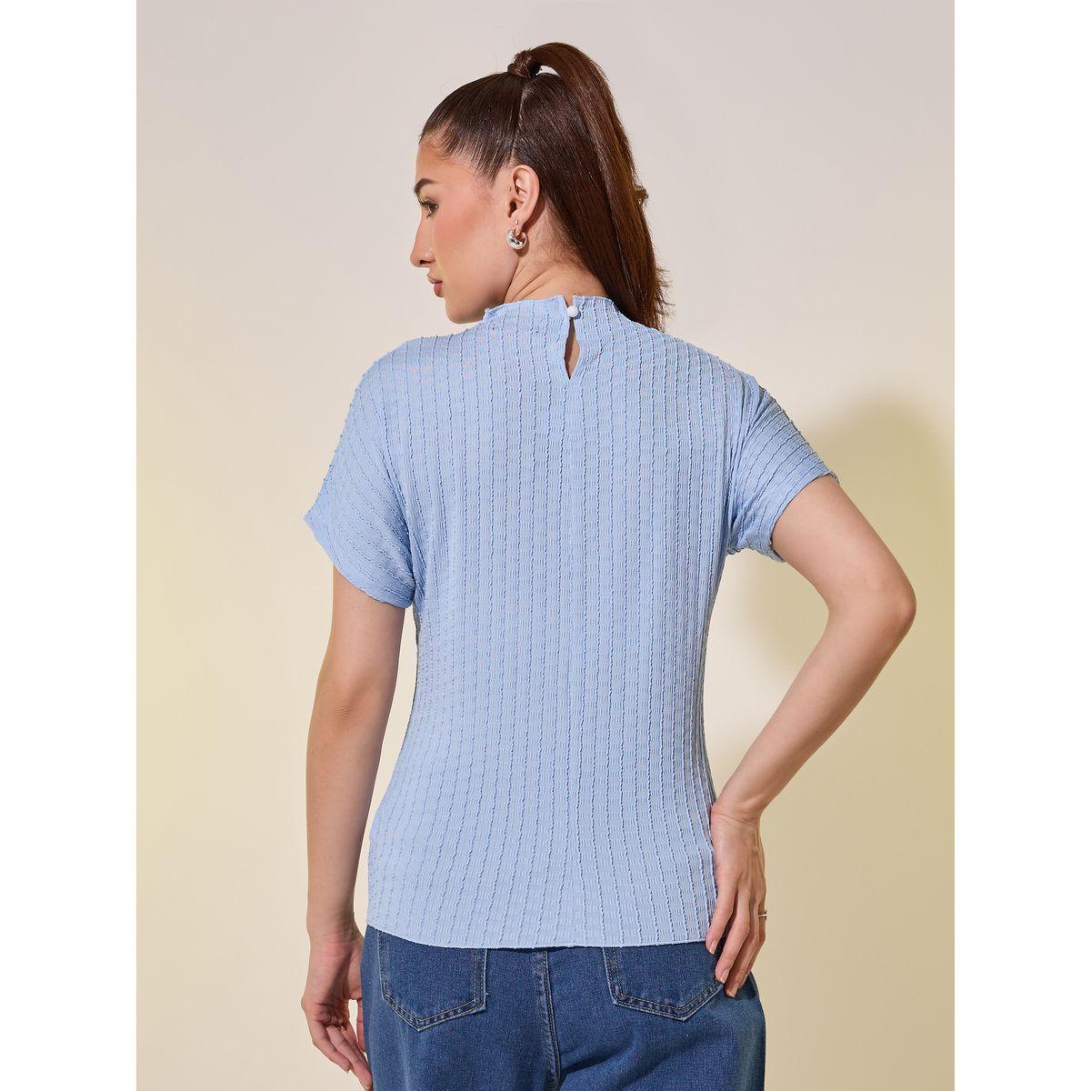 Styli Blue Textured High Neck T-Shirt-women-clothing-tshirts-image-4