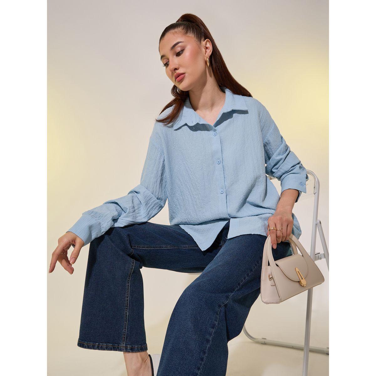 Styli Blue Textured Longline Shirt with Spread Collar-women-clothing-shirtsandblouses-shirts-image-1