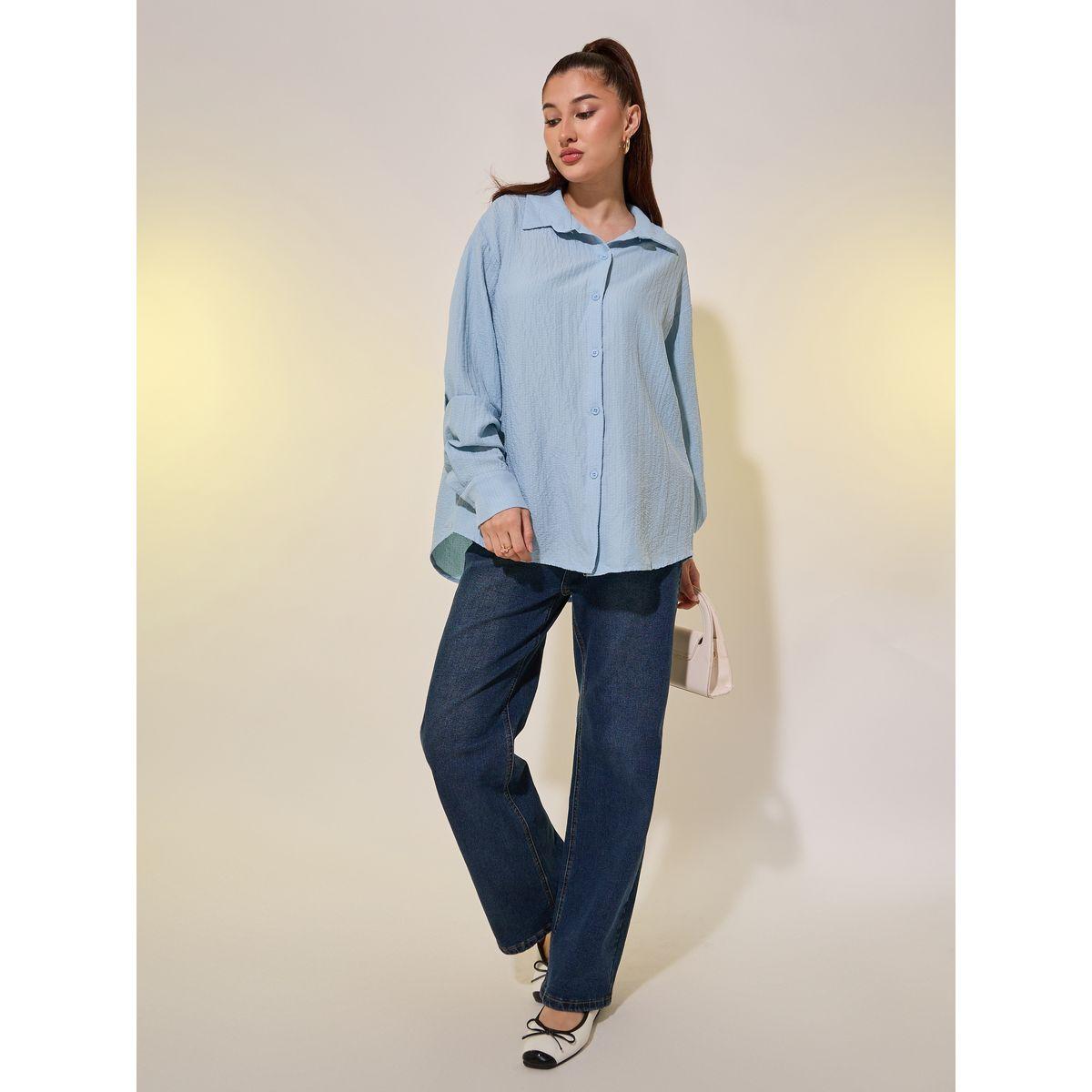 Styli Blue Textured Longline Shirt with Spread Collar-women-clothing-shirtsandblouses-shirts-image-2