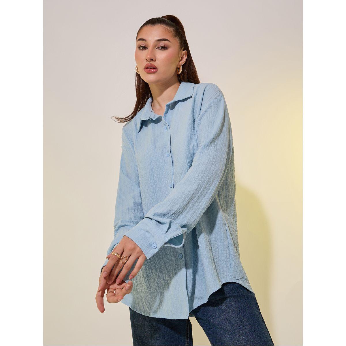 Styli Blue Textured Longline Shirt with Spread Collar-women-clothing-shirtsandblouses-shirts-image-3