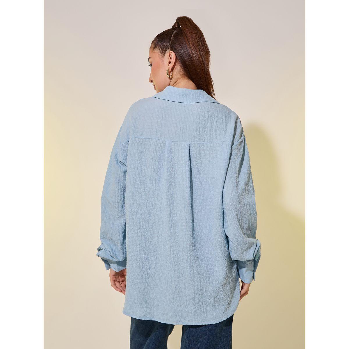 Styli Blue Textured Longline Shirt with Spread Collar-women-clothing-shirtsandblouses-shirts-image-5
