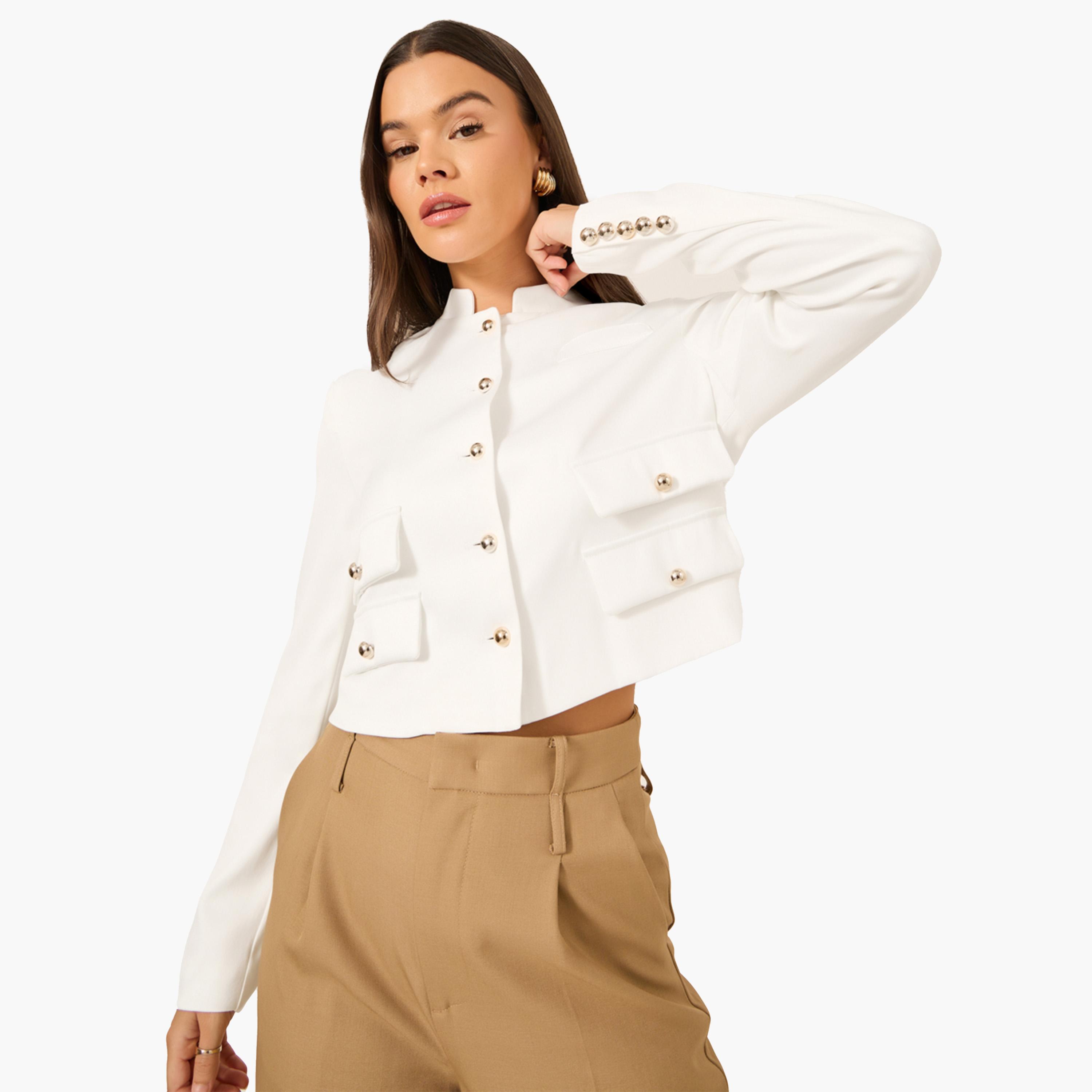 Take Two Women White Solid Stand Collar Cropped Blazer-women-clothing-coatsandjackets-blazers-image-4