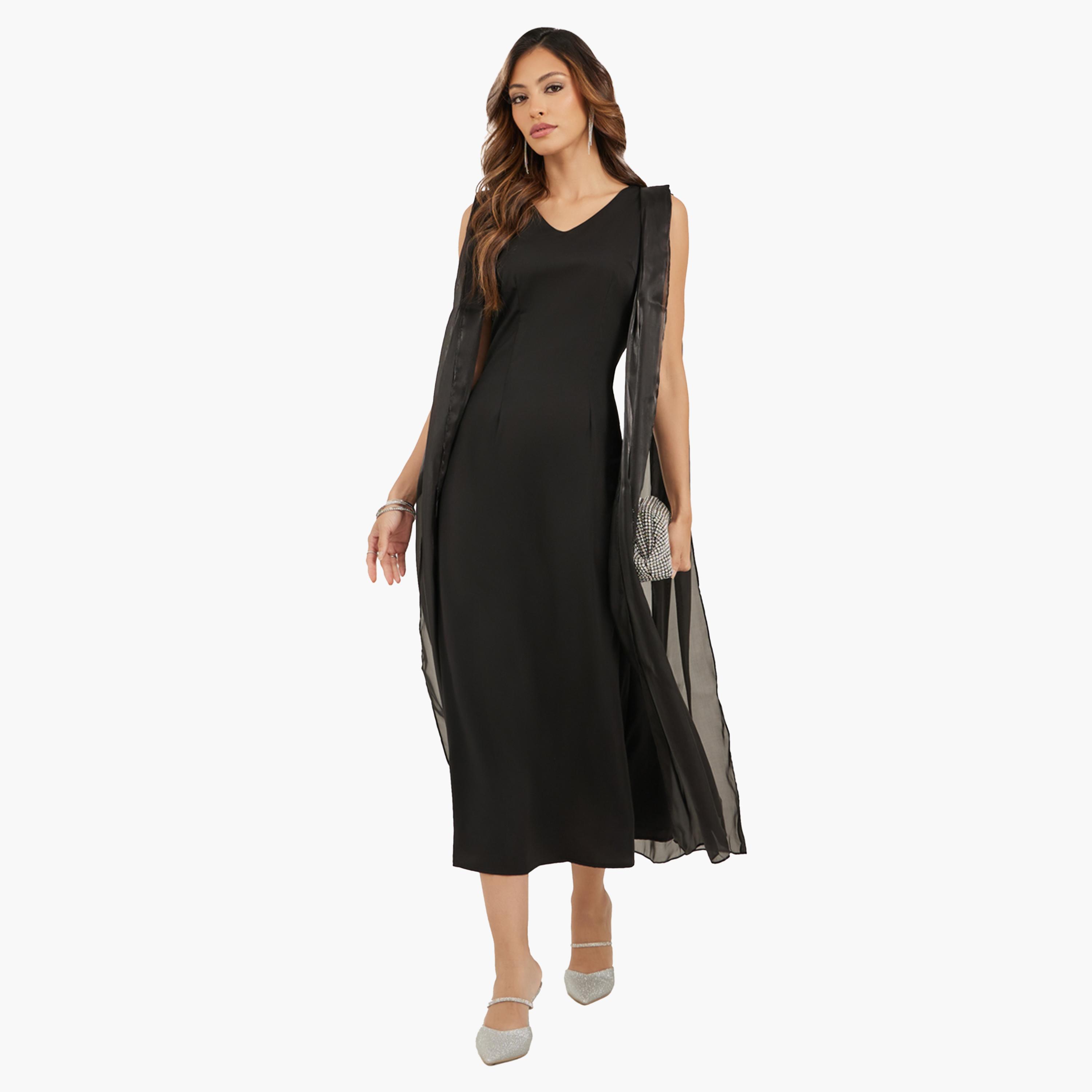 فستان طويل سادة بلا أكمام بحافة واسعة-women-clothing-dresses-image-1