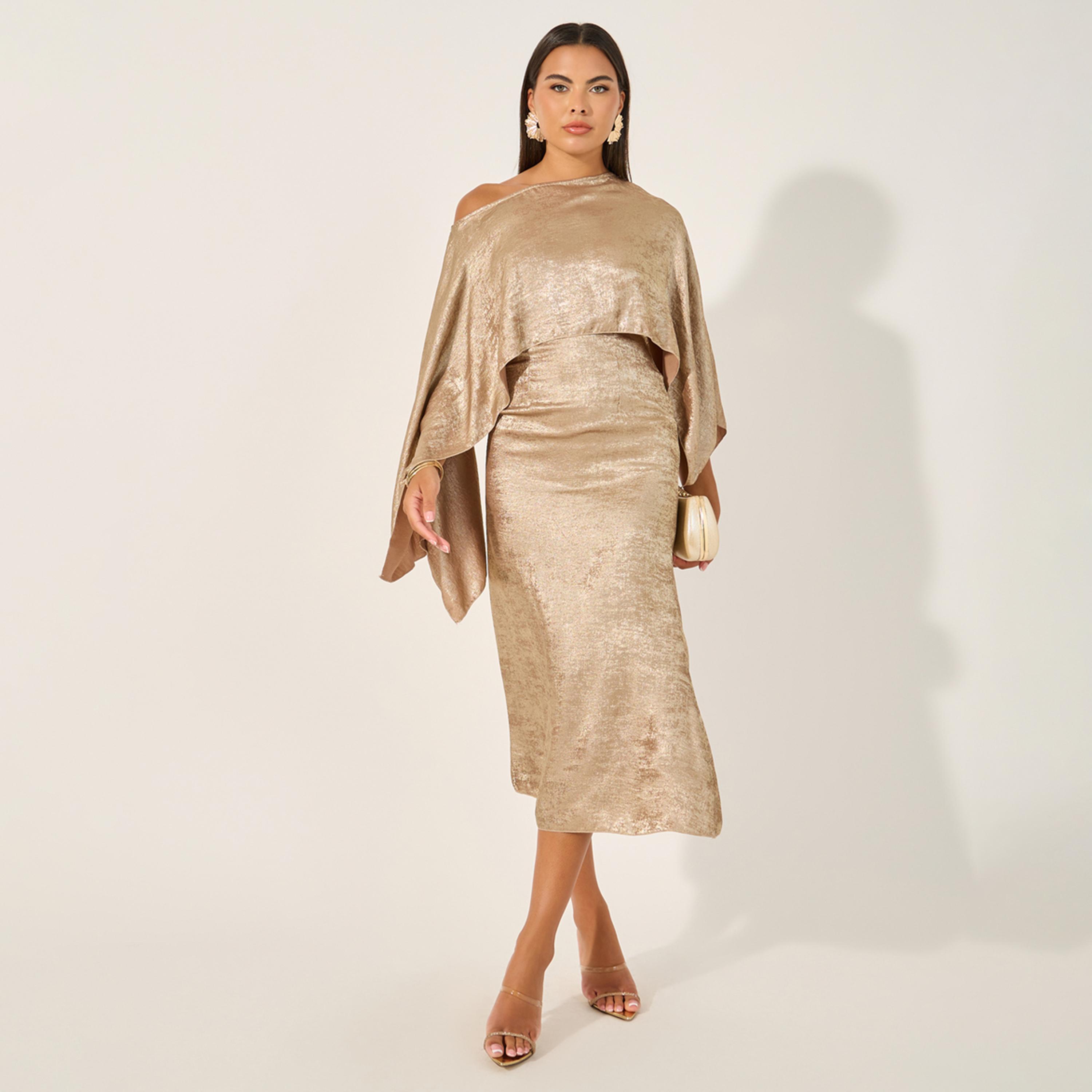 Take Two One Shoulder Neck Cape Sleeve Midi Dress-women-clothing-dresses-image-1