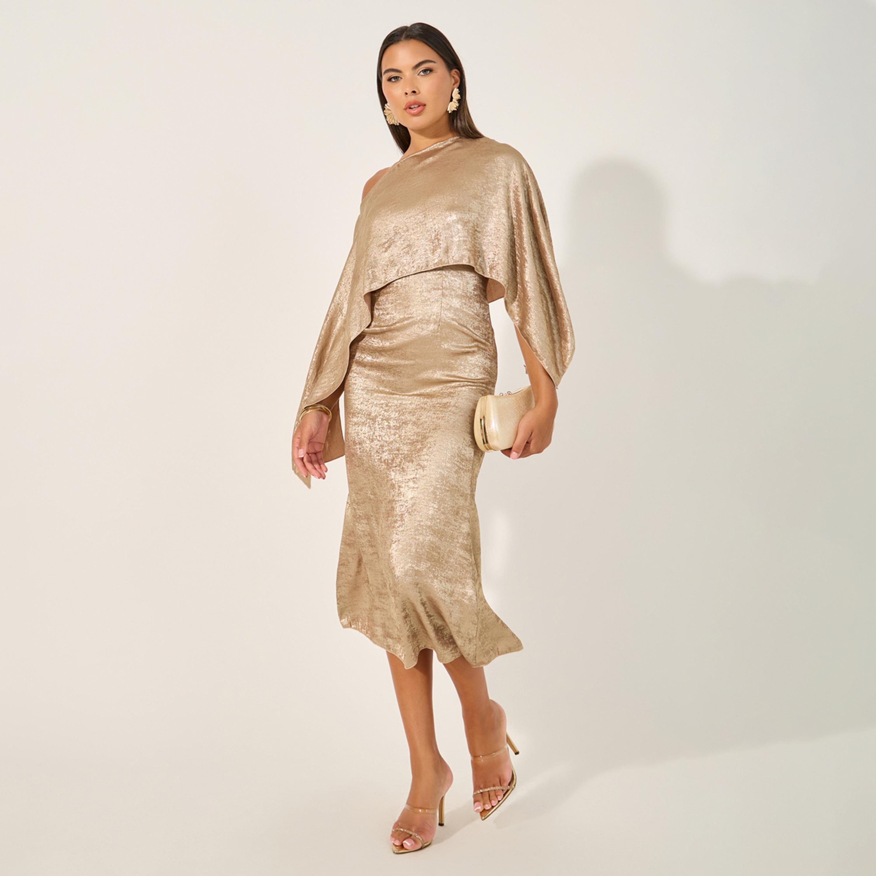 Take Two One Shoulder Neck Cape Sleeve Midi Dress-women-clothing-dresses-image-2