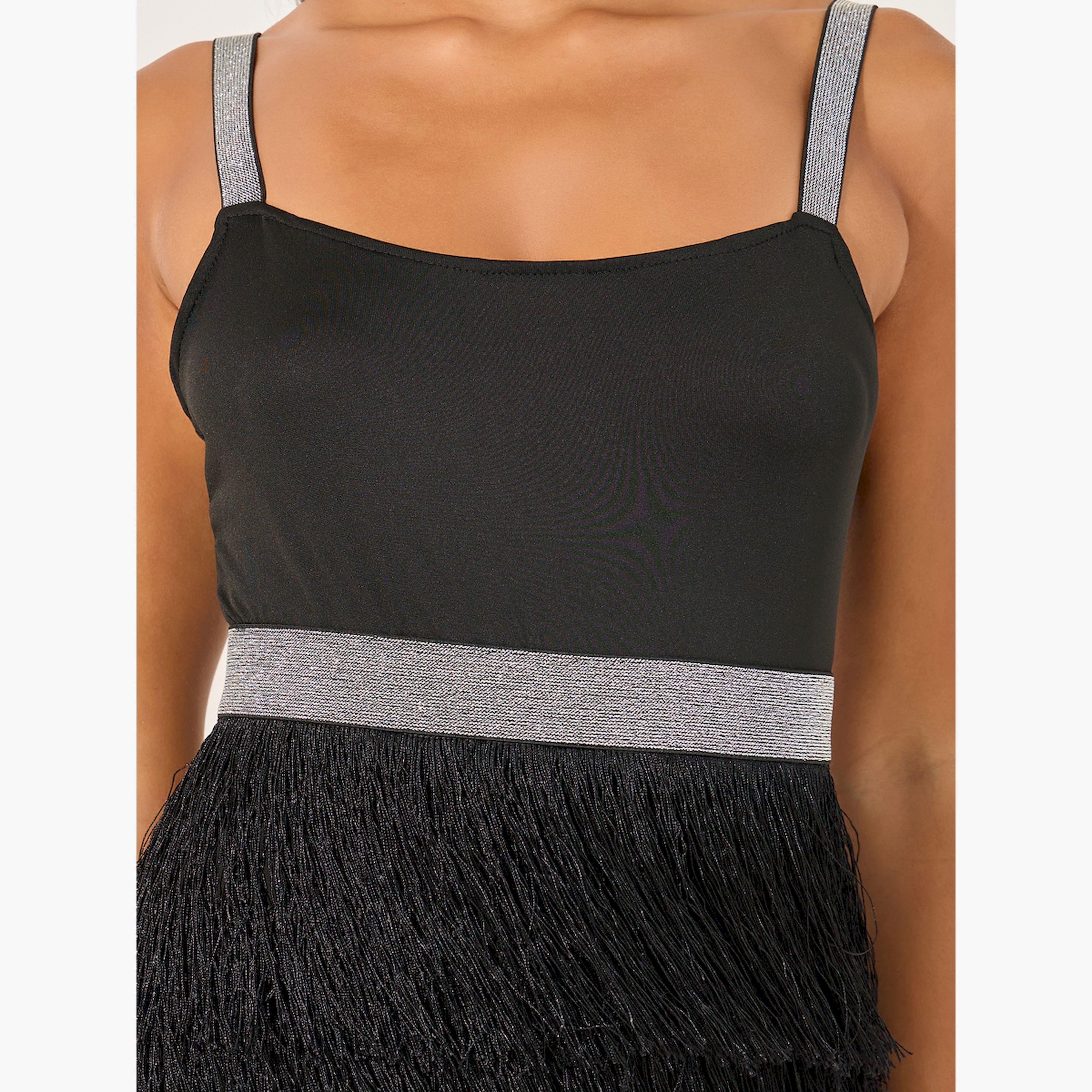 فستان قصير بحمالات منمق بالترتر مع شراشيب-women-clothing-dresses-image-4
