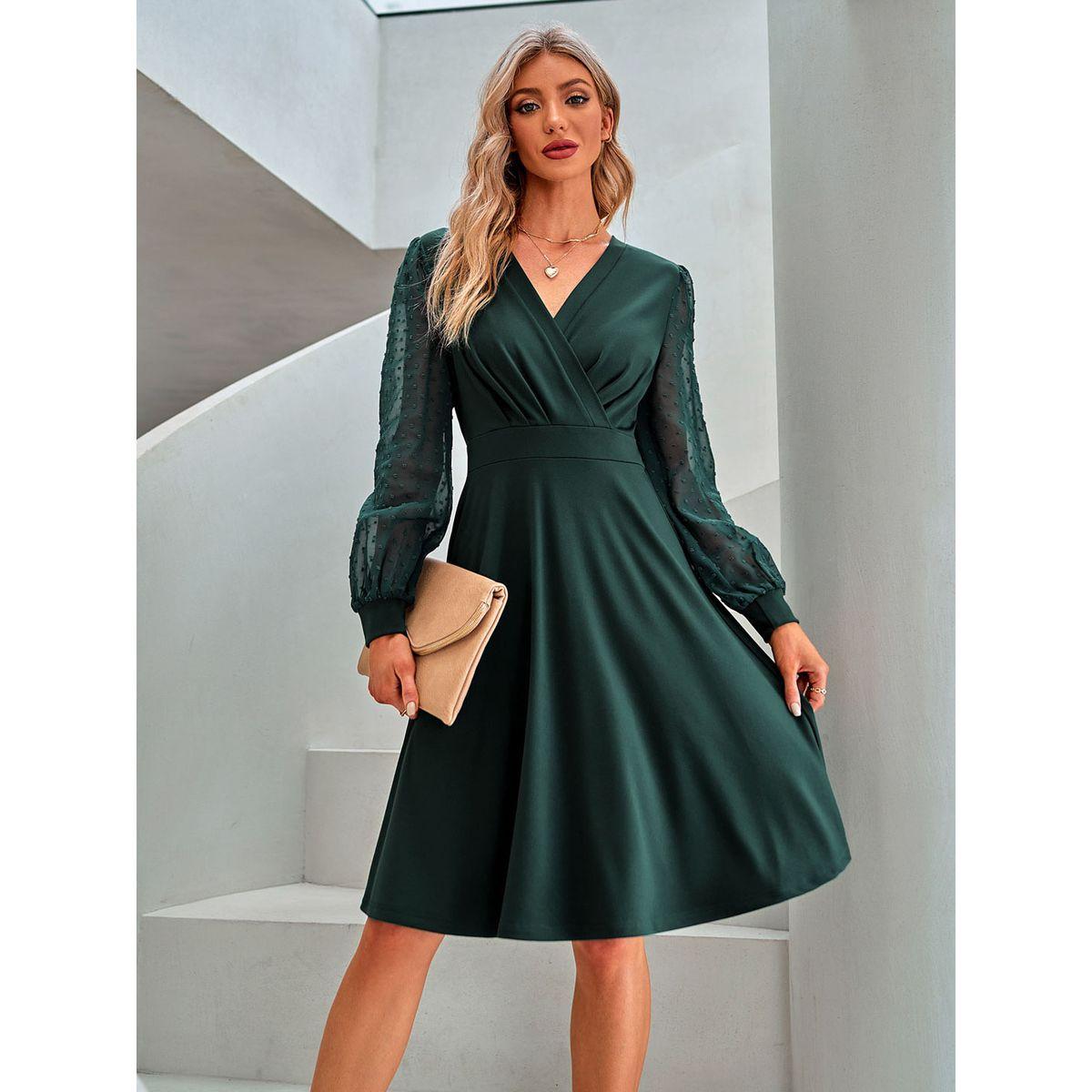 فستان سادة بطول الركبة وحافة واسعة-women-clothing-dresses-image-6