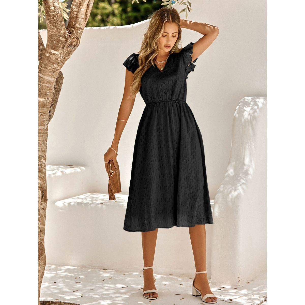 فستان ميدي سادة بأكمام كشكش-women-clothing-dresses-image-1