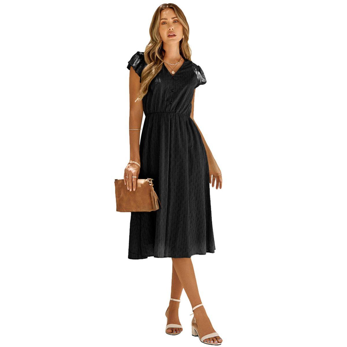 Styli Casual Black Solid Ruffle Sleeve V Neck Midi Dress-women-clothing-dresses-image-10