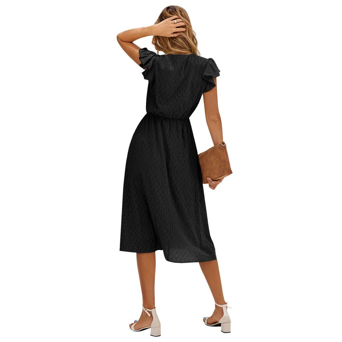 Styli Casual Black Solid Ruffle Sleeve V Neck Midi Dress-women-clothing-dresses-image-12