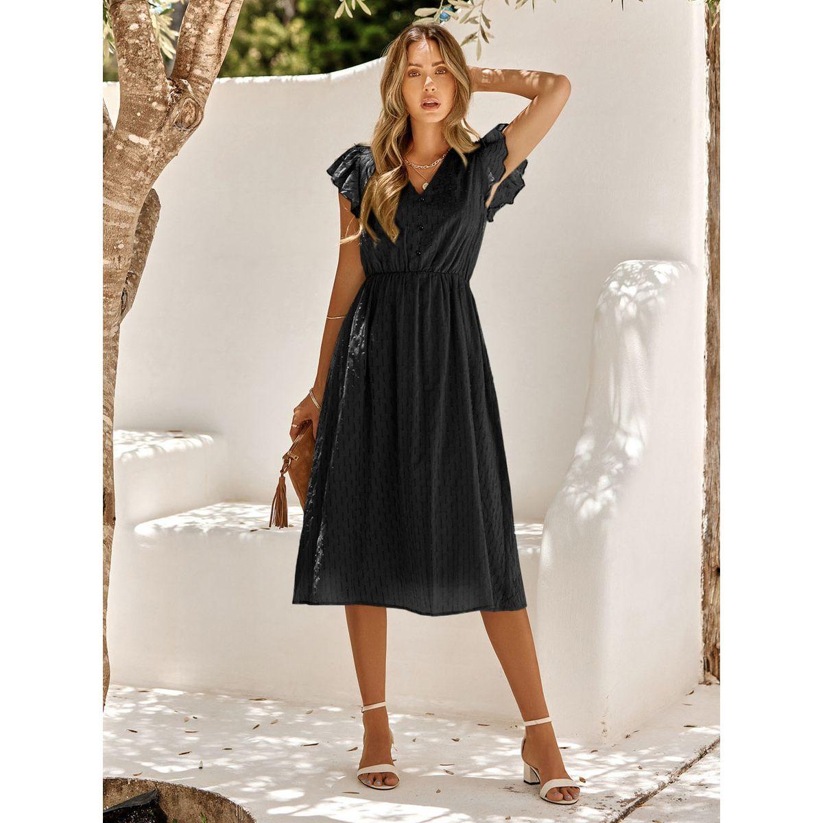 Styli Casual Black Solid Ruffle Sleeve V Neck Midi Dress-women-clothing-dresses-image-6