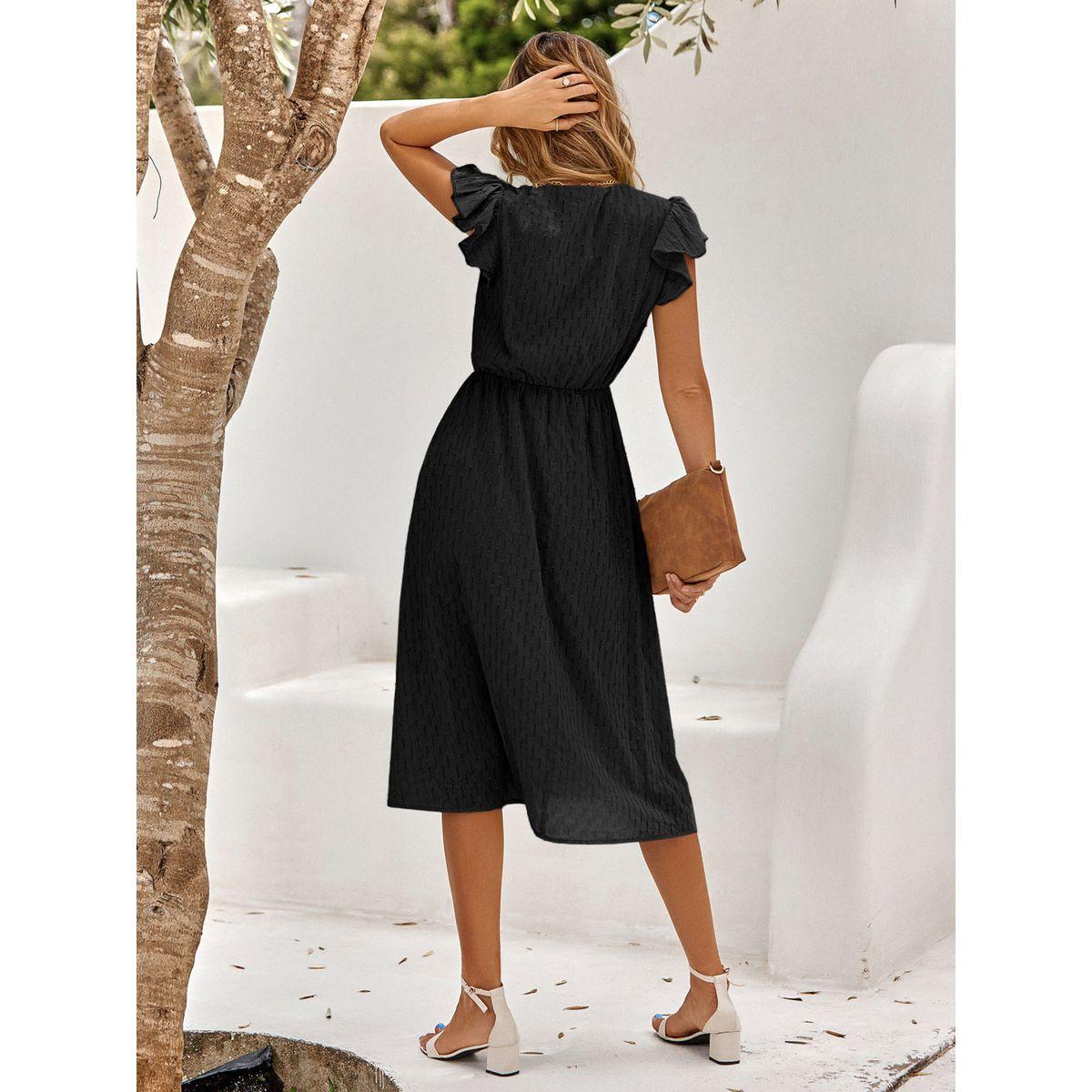 Styli Casual Black Solid Ruffle Sleeve V Neck Midi Dress-women-clothing-dresses-image-9