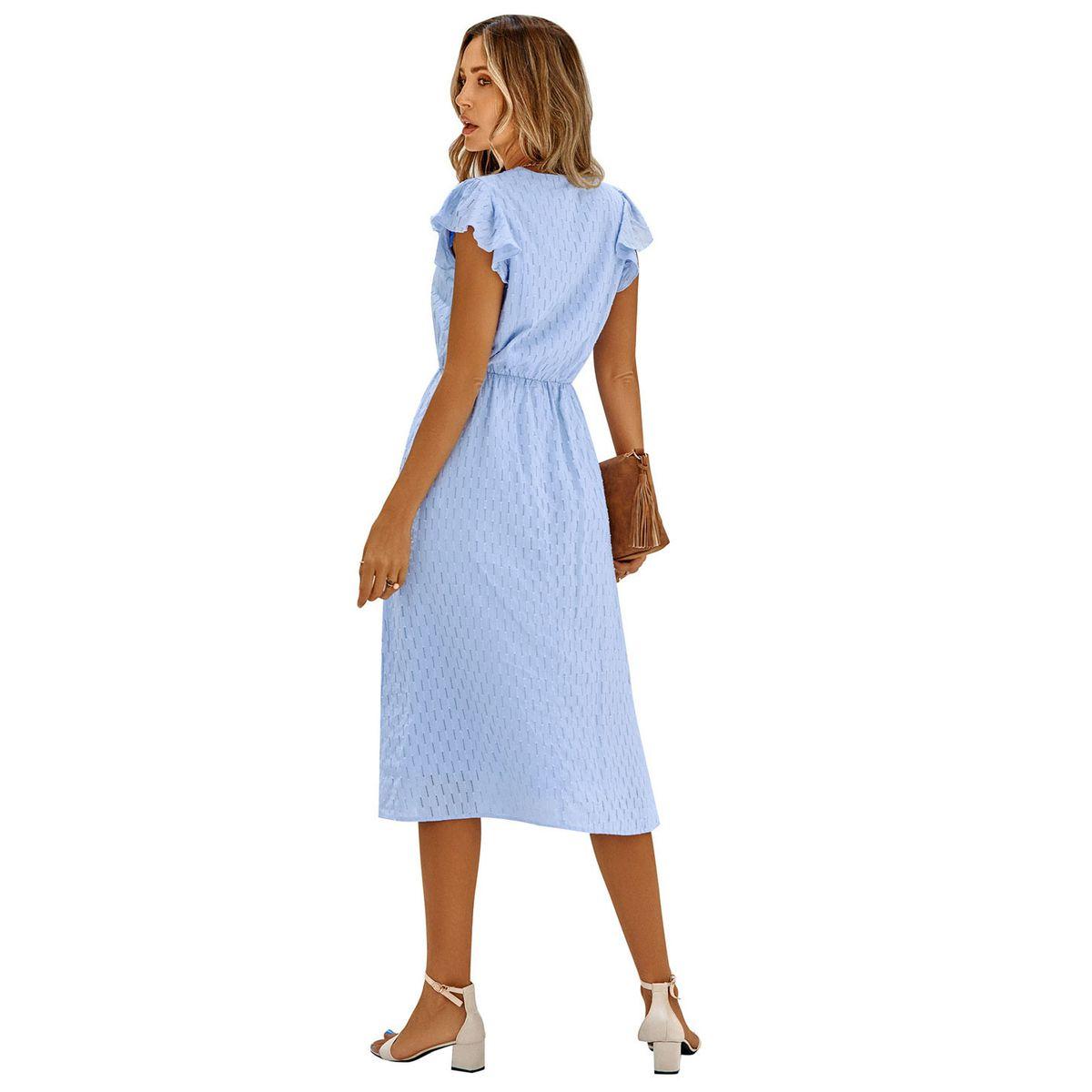 Styli Casual Blue Solid Ruffle Sleeve V Neck Midi Dress-women-clothing-dresses-image-12