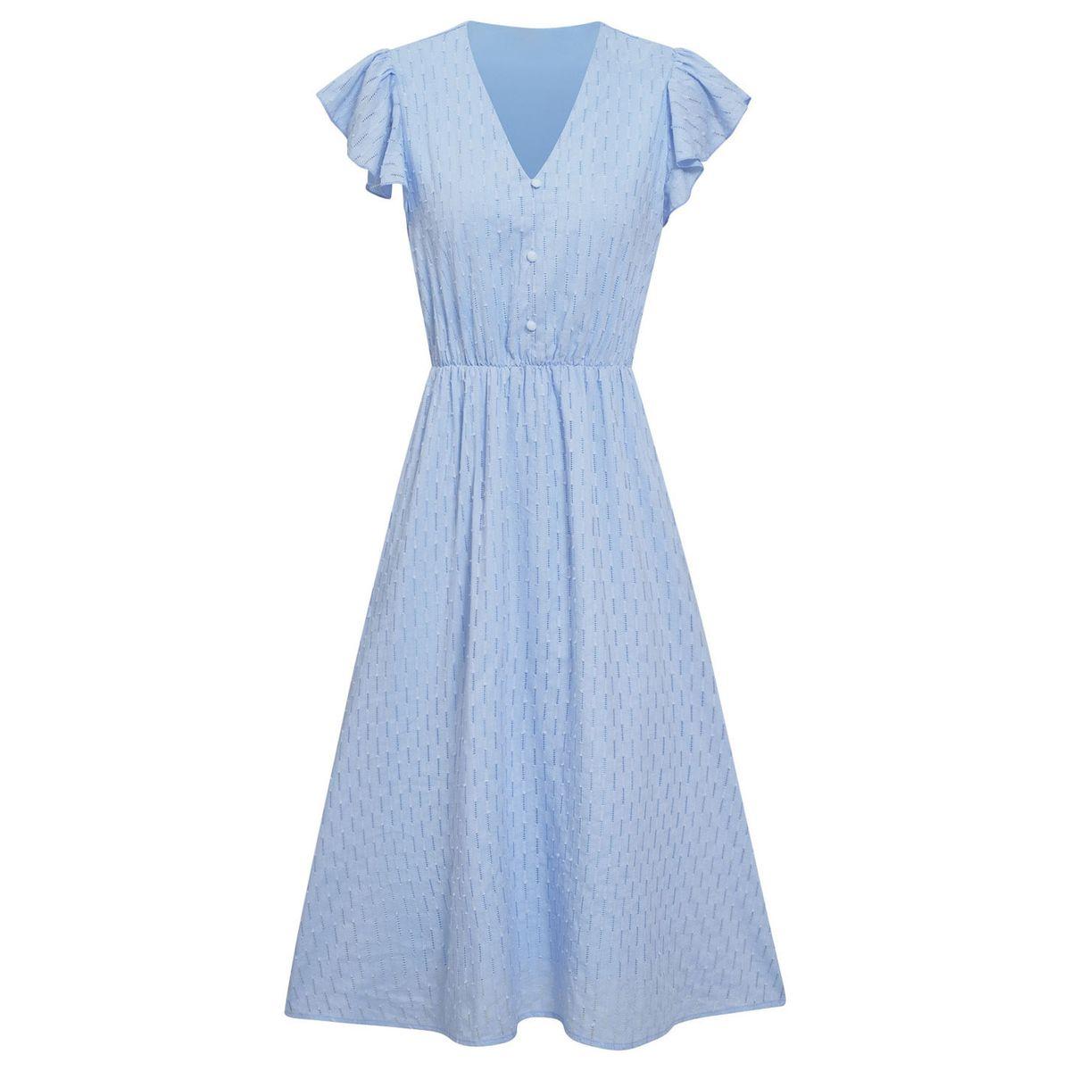 Styli Casual Blue Solid Ruffle Sleeve V Neck Midi Dress-women-clothing-dresses-image-13