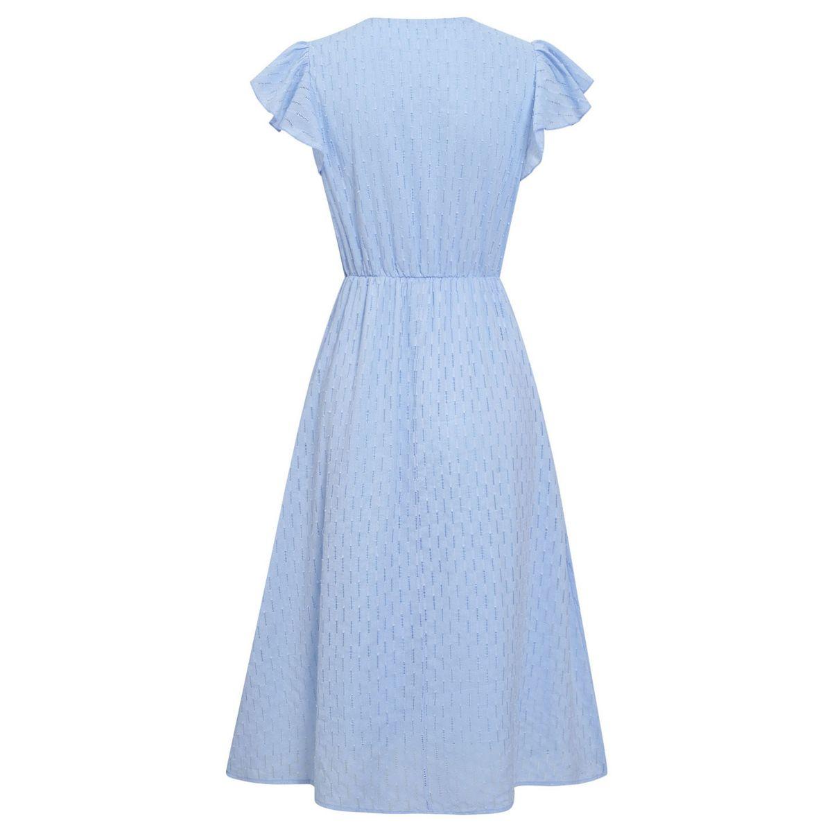 Styli Casual Blue Solid Ruffle Sleeve V Neck Midi Dress-women-clothing-dresses-image-2