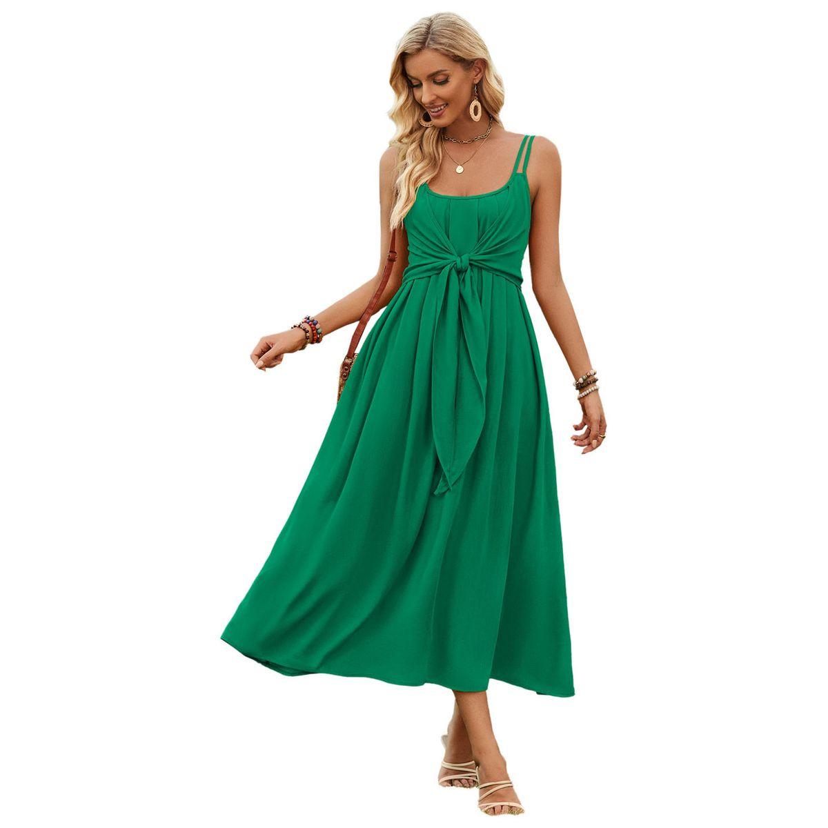 Styli Green Solid Strappy A-Line Casual Dress-women-clothing-dresses-image-11