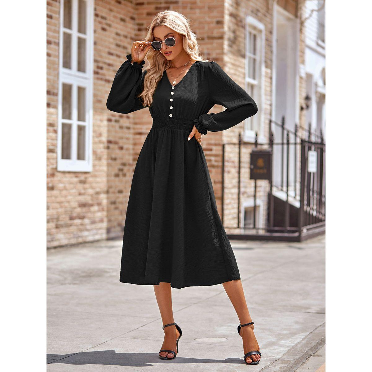 Styli Plain Black A-Line With long Sleeves Midi Dress-women-clothing-dresses-image-1