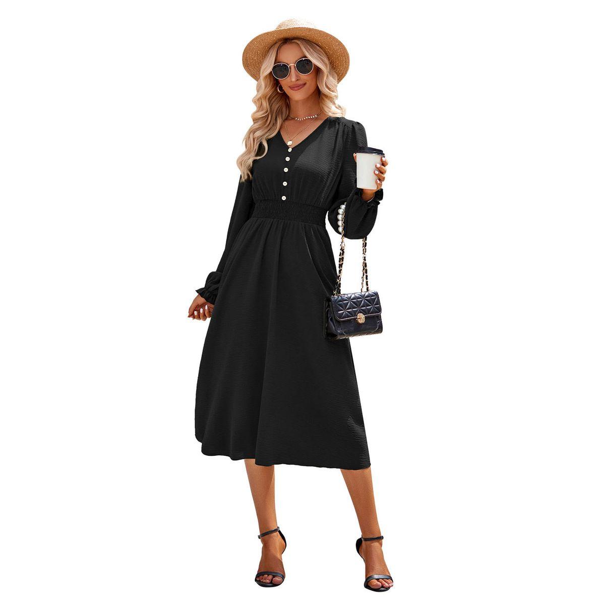 Styli Plain Black A-Line With long Sleeves Midi Dress-women-clothing-dresses-image-10