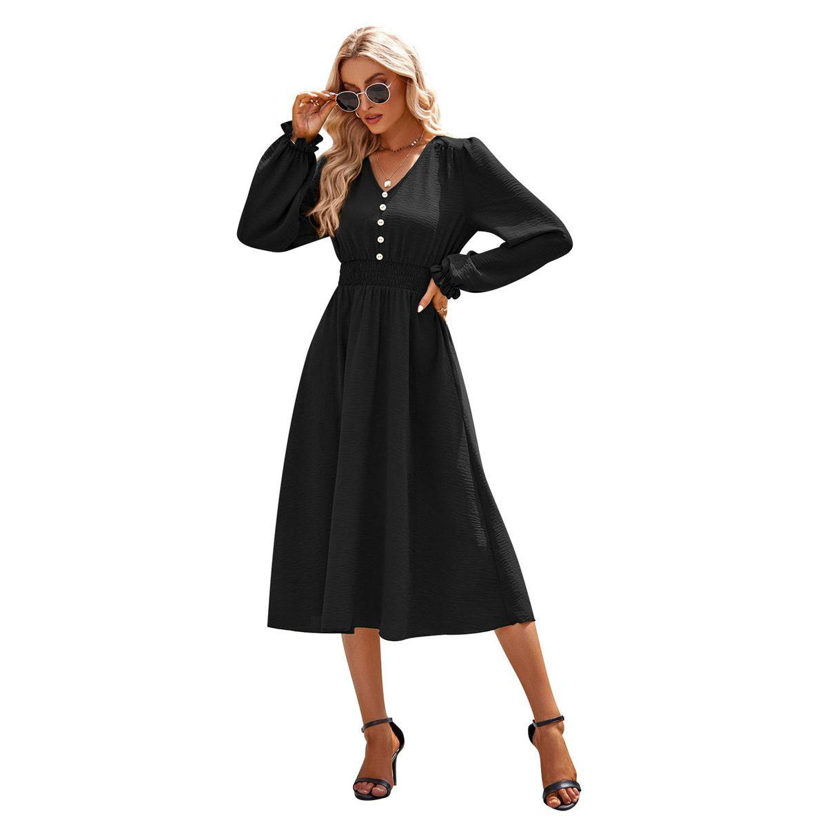 Styli Plain Black A-Line With long Sleeves Midi Dress-women-clothing-dresses-image-11