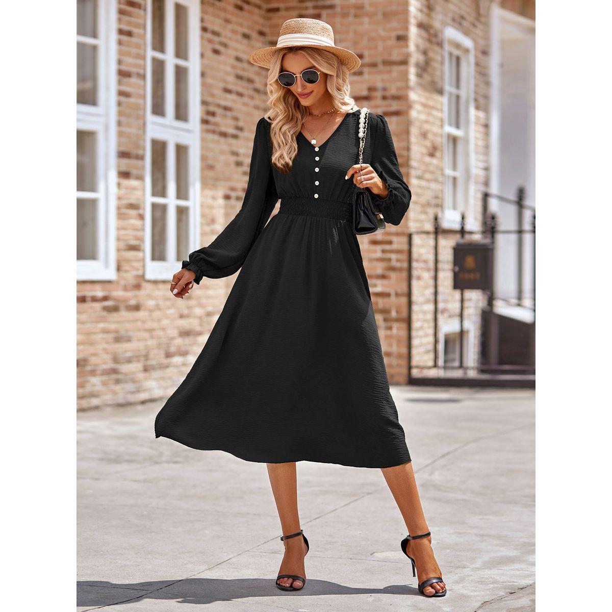 Styli Plain Black A-Line With long Sleeves Midi Dress-women-clothing-dresses-image-6