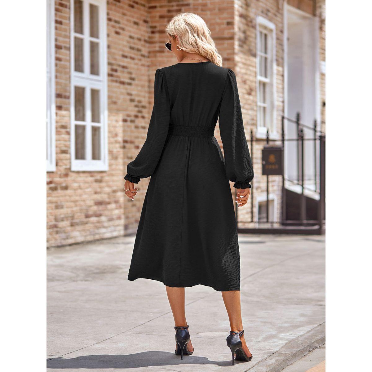 Styli Plain Black A-Line With long Sleeves Midi Dress-women-clothing-dresses-image-9