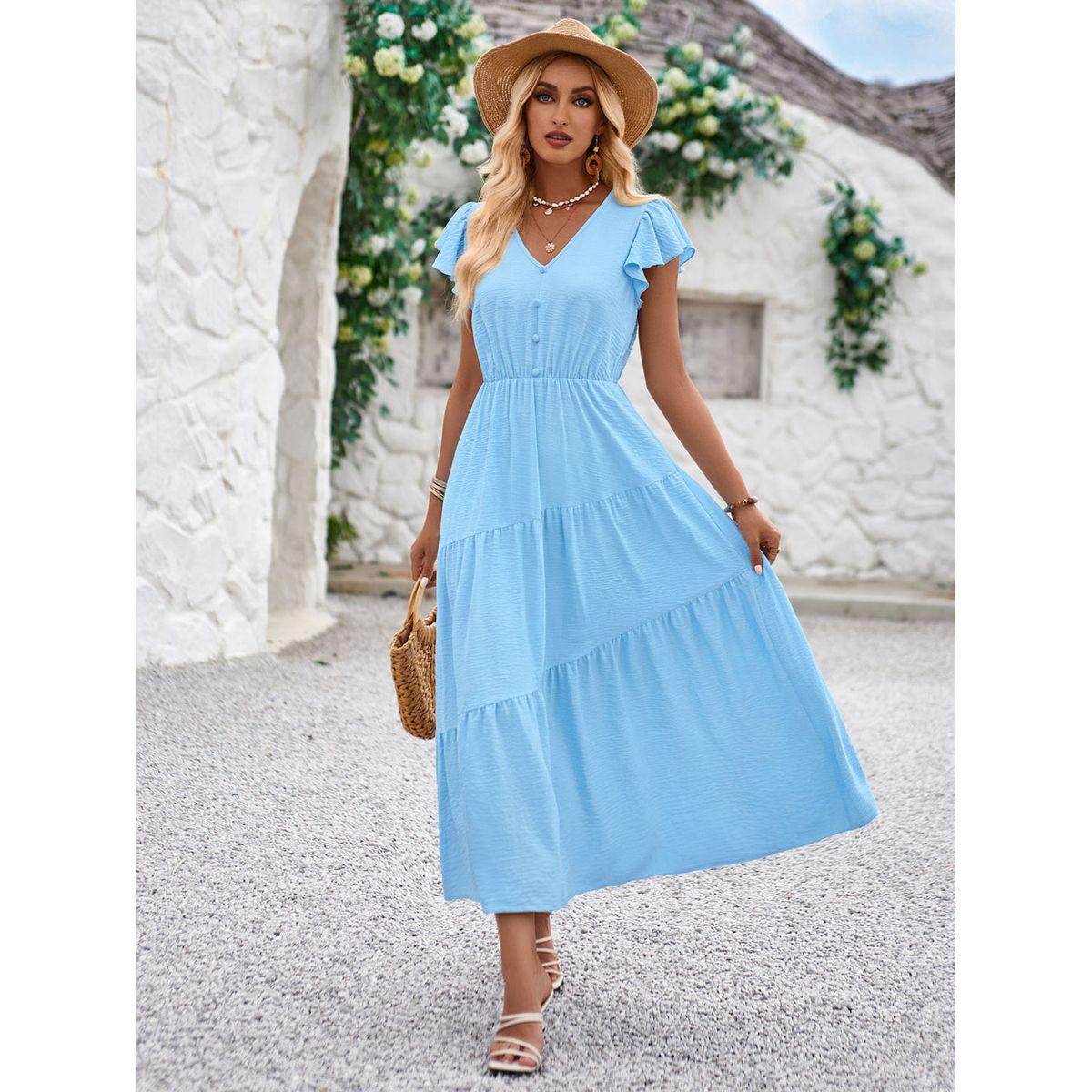 Styli Yellow Solid A-Line Casual Short Sleeve Midi Dress-women-clothing-dresses-image-1