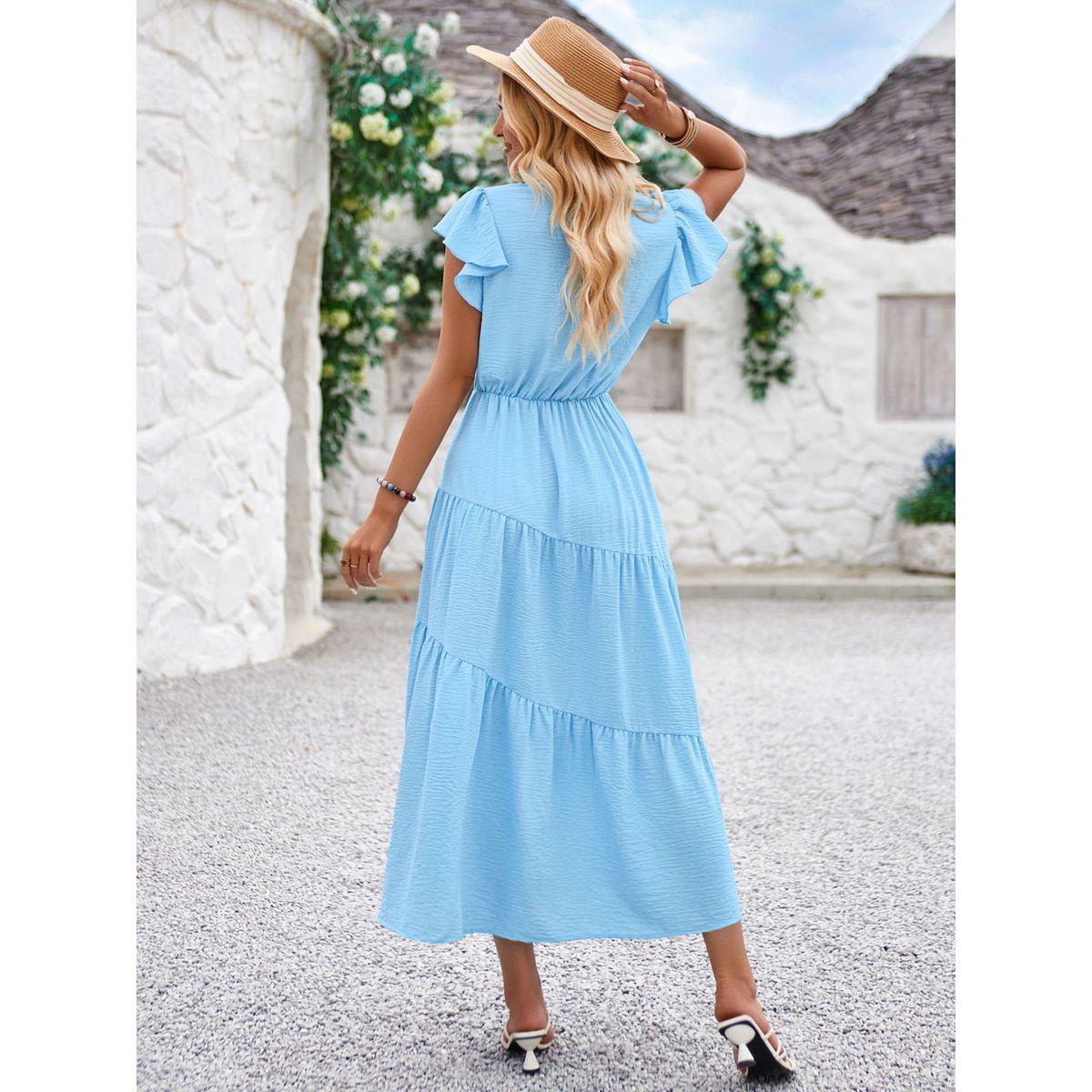 Styli Yellow Solid A-Line Casual Short Sleeve Midi Dress-women-clothing-dresses-image-11