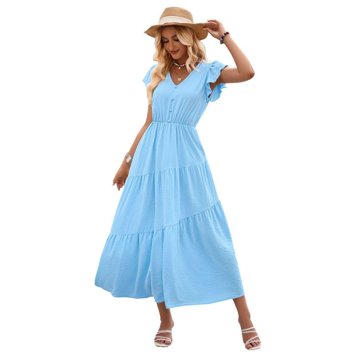 فستان ميدي سادة بحافة واسعة وأكمام قصيرة-women-clothing-dresses-image-13