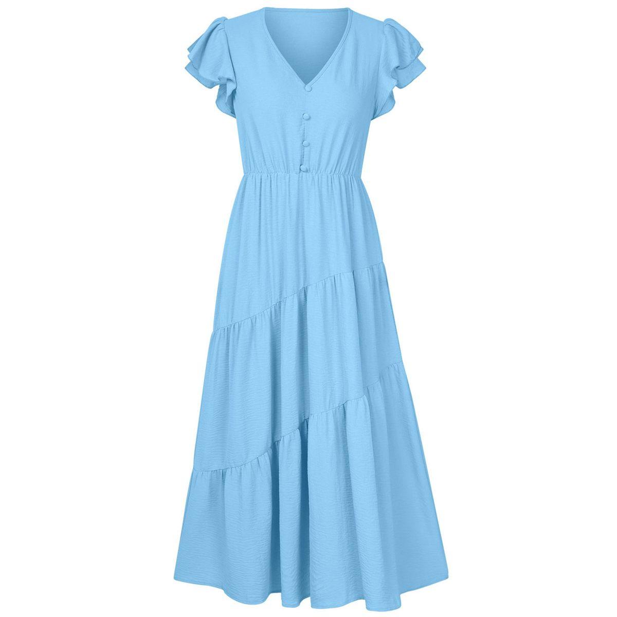 فستان ميدي سادة بحافة واسعة وأكمام قصيرة-women-clothing-dresses-image-2