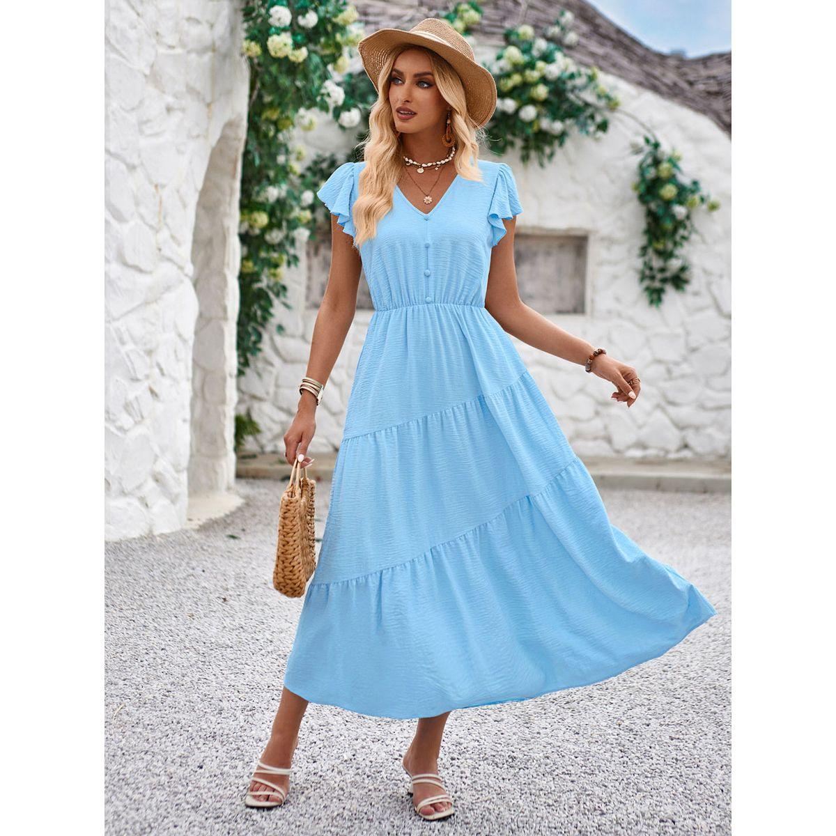 فستان ميدي سادة بحافة واسعة وأكمام قصيرة-women-clothing-dresses-image-8