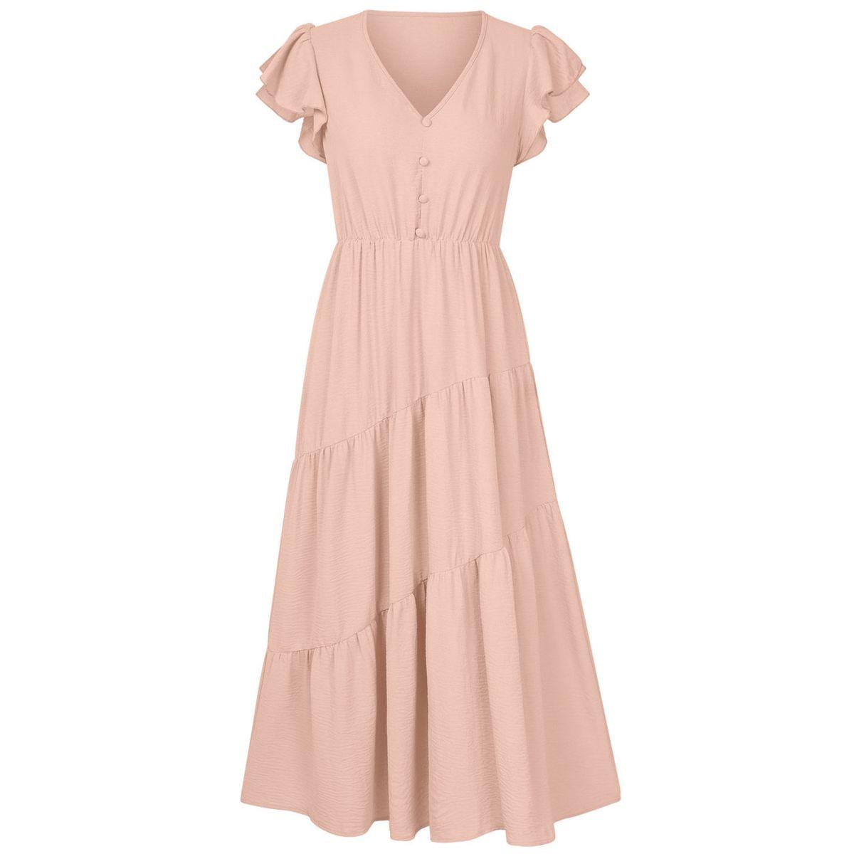 Styli Pink Solid A-Line Casual Short Sleeve Midi Dress-women-clothing-dresses-image-2