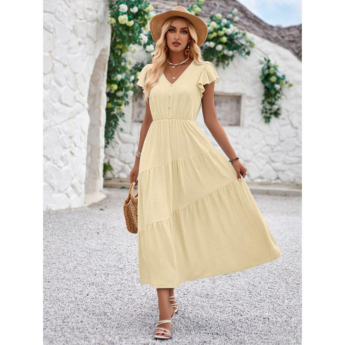 Styli Yellow Solid A-Line Casual Short Sleeve Midi Dress-women-clothing-dresses-image-1