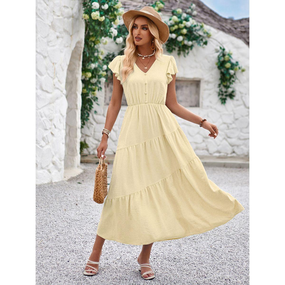 Styli Yellow Solid A-Line Casual Short Sleeve Midi Dress-women-clothing-dresses-image-10