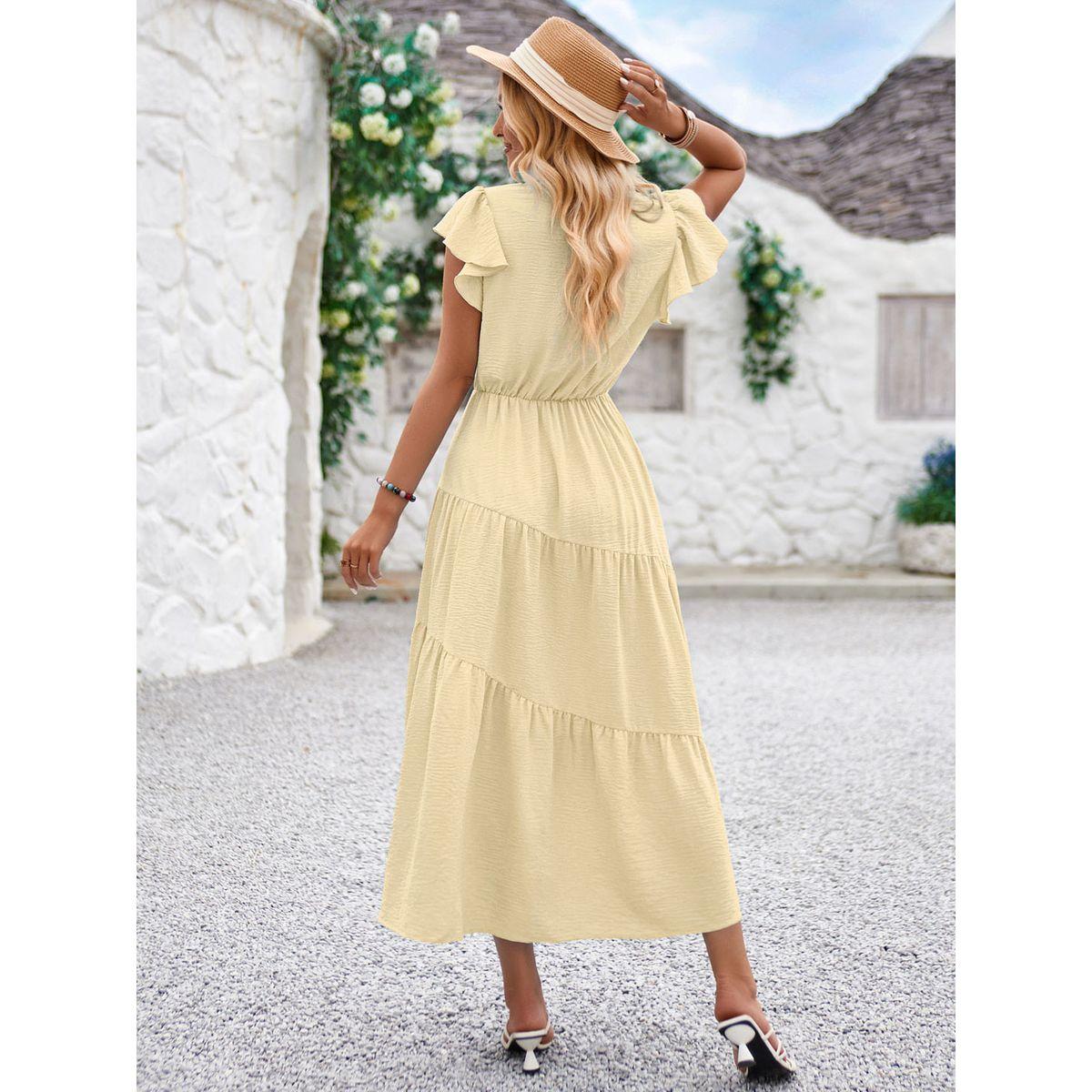 Styli Yellow Solid A-Line Casual Short Sleeve Midi Dress-women-clothing-dresses-image-11