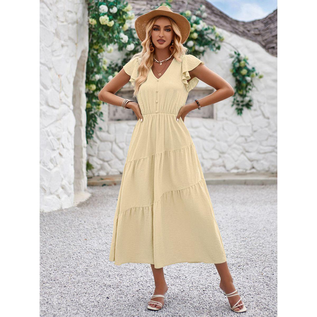 Styli Yellow Solid A-Line Casual Short Sleeve Midi Dress-women-clothing-dresses-image-7