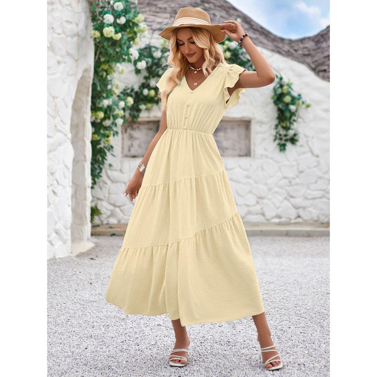 Styli Yellow Solid A-Line Casual Short Sleeve Midi Dress-women-clothing-dresses-image-9