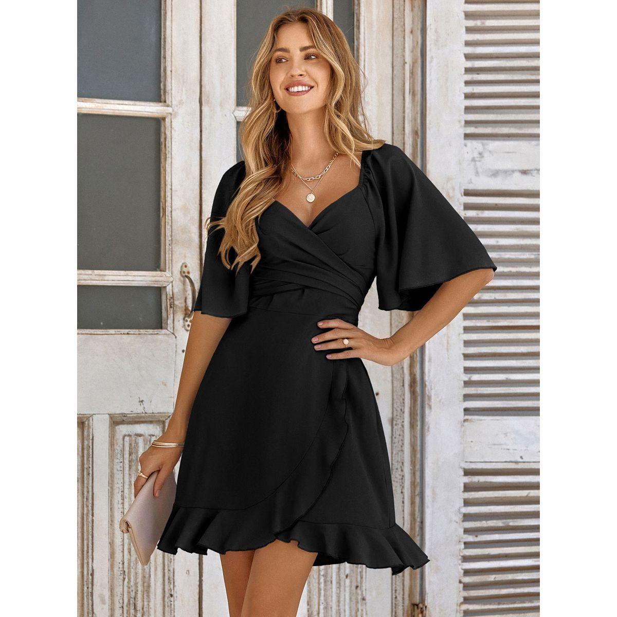 Styli Black Solid Short Sleeve Layered Hem Mini Dress-women-clothing-dresses-image-1