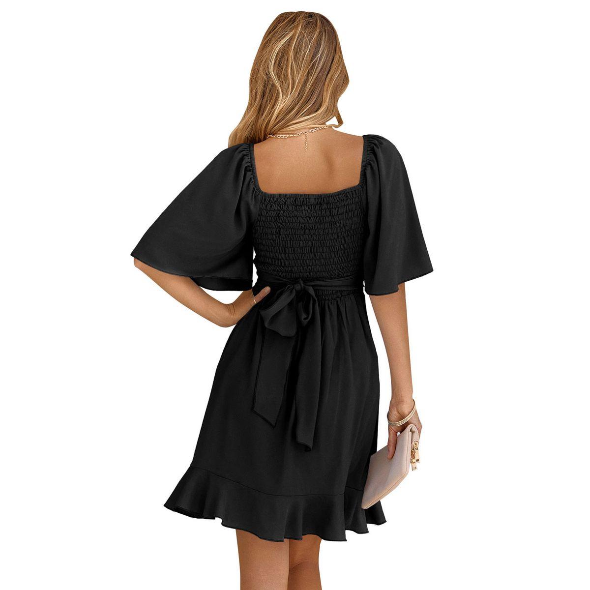 Styli Black Solid Short Sleeve Layered Hem Mini Dress-women-clothing-dresses-image-12