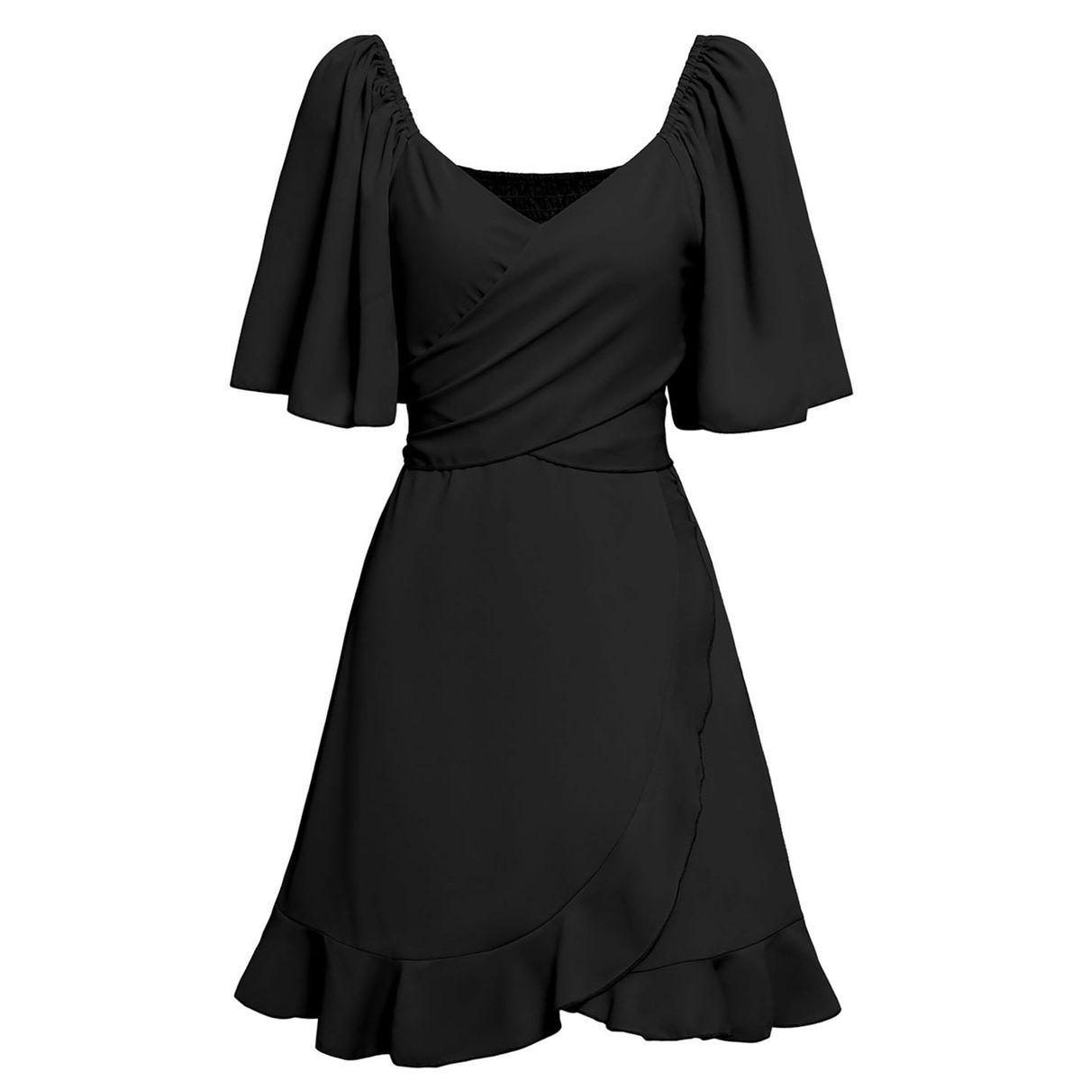 Styli Black Solid Short Sleeve Layered Hem Mini Dress-women-clothing-dresses-image-13