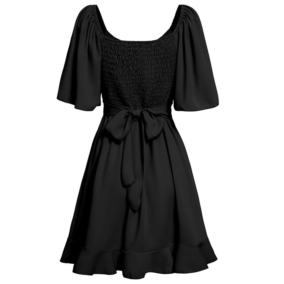 Styli Black Solid Short Sleeve Layered Hem Mini Dress-women-clothing-dresses-image-2