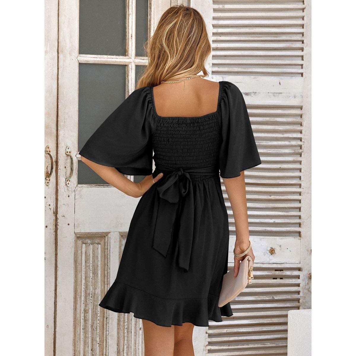 Styli Black Solid Short Sleeve Layered Hem Mini Dress-women-clothing-dresses-image-9