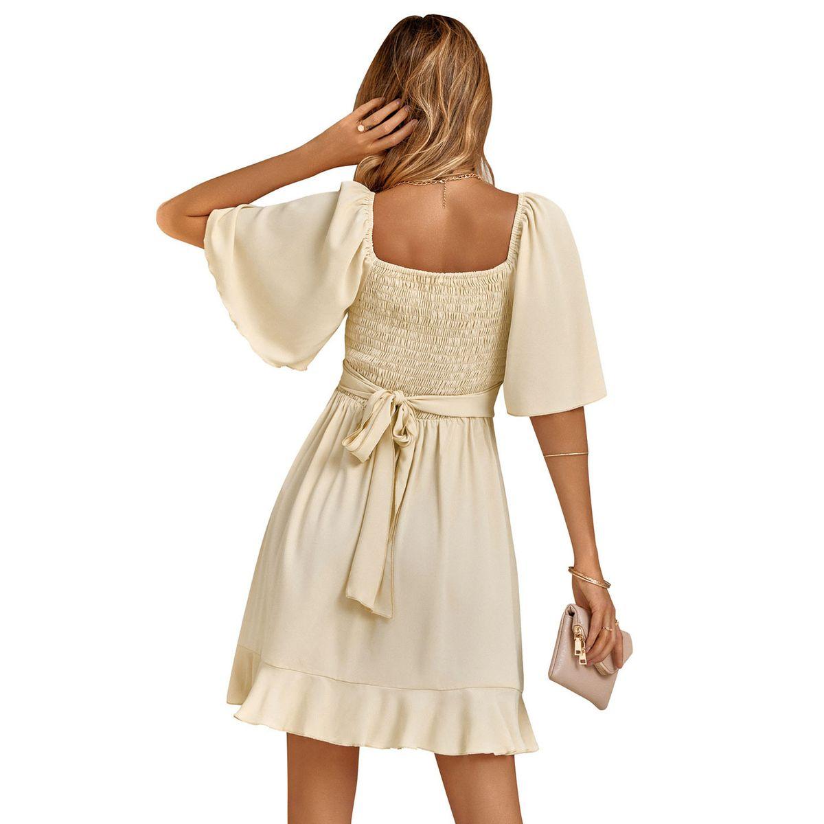 Styli Beige Solid Short Sleeve Layered Hem Mini Dress-women-clothing-dresses-image-12