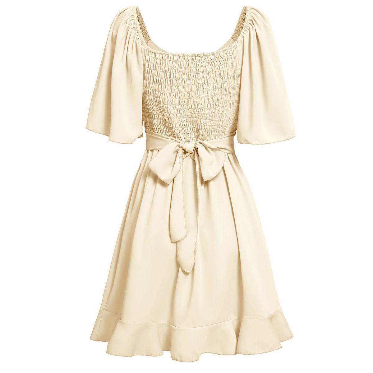 Styli Beige Solid Short Sleeve Layered Hem Mini Dress-women-clothing-dresses-image-2