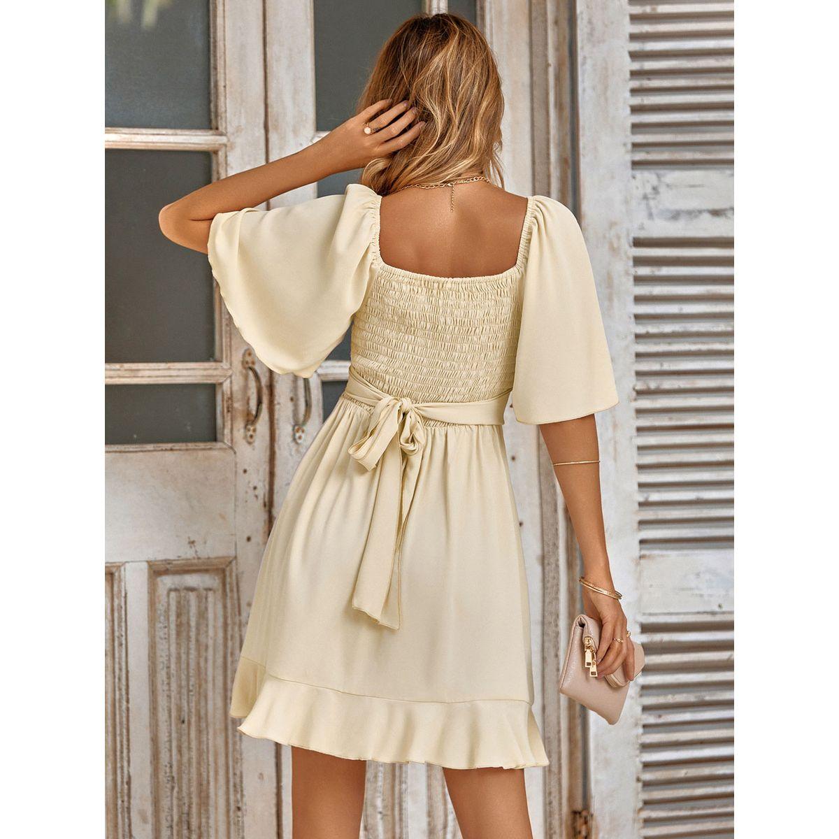 Styli Beige Solid Short Sleeve Layered Hem Mini Dress-women-clothing-dresses-image-9