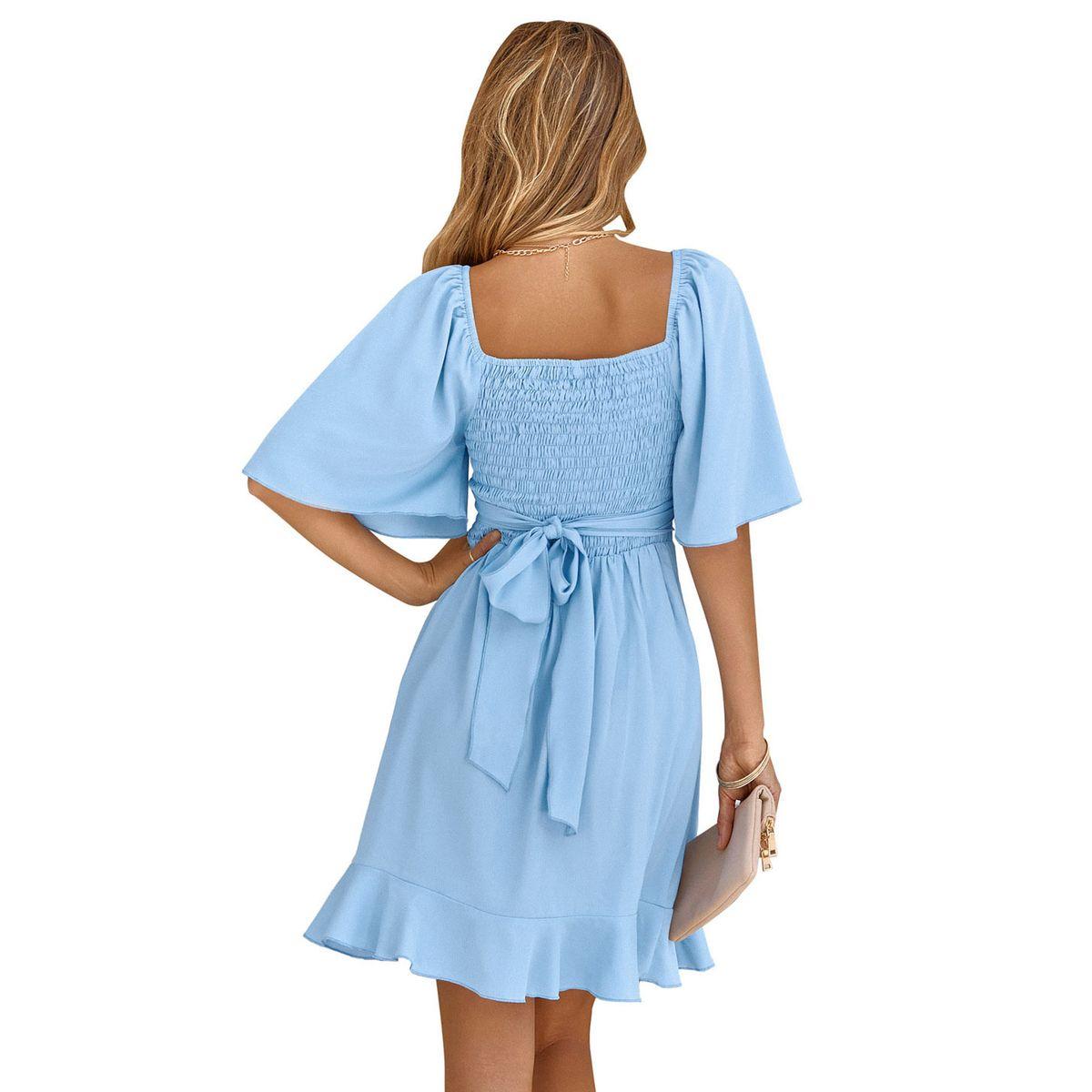 Styli Blue Solid Short Sleeve Layered Hem Mini Dress-women-clothing-dresses-image-12